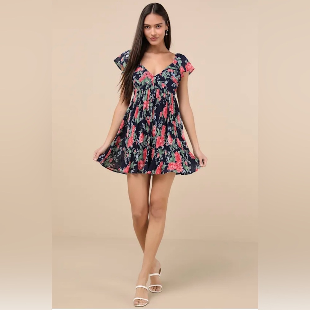 NWT Amalfi Coast Dark Navy Floral Pleated Flutter Sleeve Mini Babydoll Dress XL